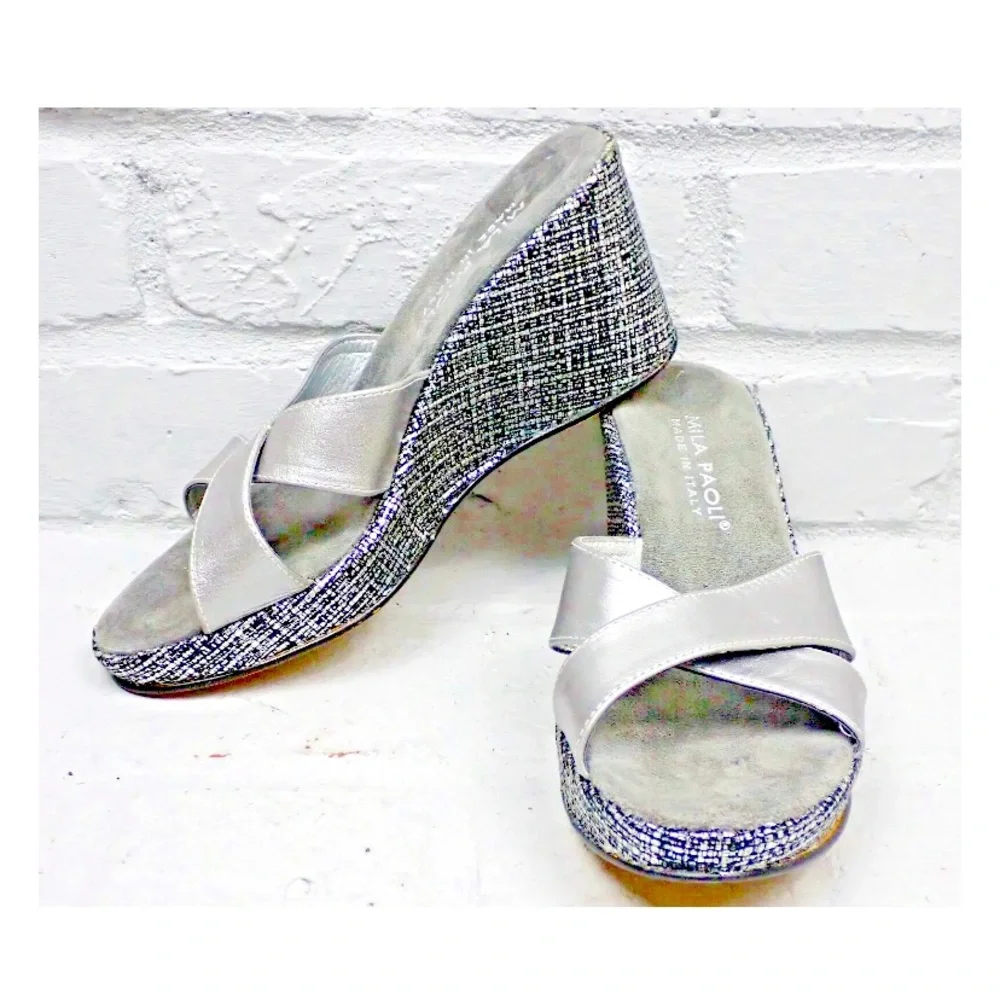 Mila Paoli Wedge Italian Leather Slip On Sandals Gray Womens Size 7.5
